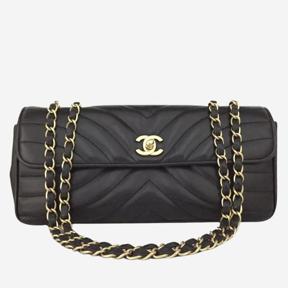 Chanel Black Chevron V Stitch East/West CC Turnlock Lambskin Chain Shoulder Bag